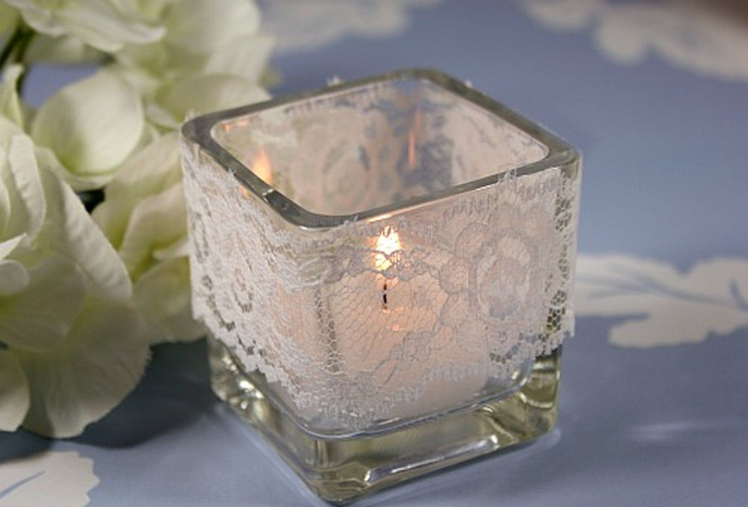 Candle Holders - Glass Mini Squares with Lace - Box of 12 with tealights