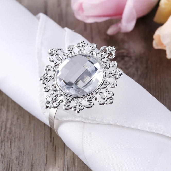 Napkin Rings - Clear Gemstone & Silver - Set of 10